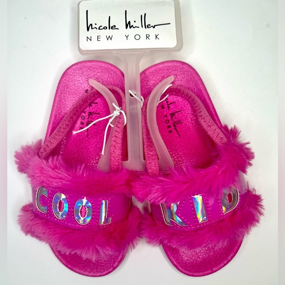 Nicole Miller Toddler Pink Faux Fur Sandals Slides - Girls Slides NEW - Picture 2 of 10